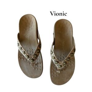 Vionic Floriana Sandals Tan Cork Beaded Orthotic Flip Flops Comfort